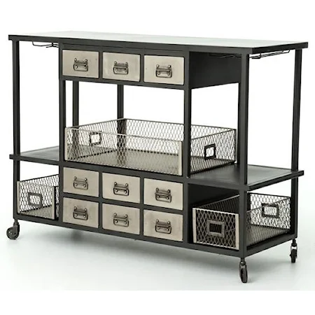 Industrial Bar Cart with Black Frame and Nickel Drawers